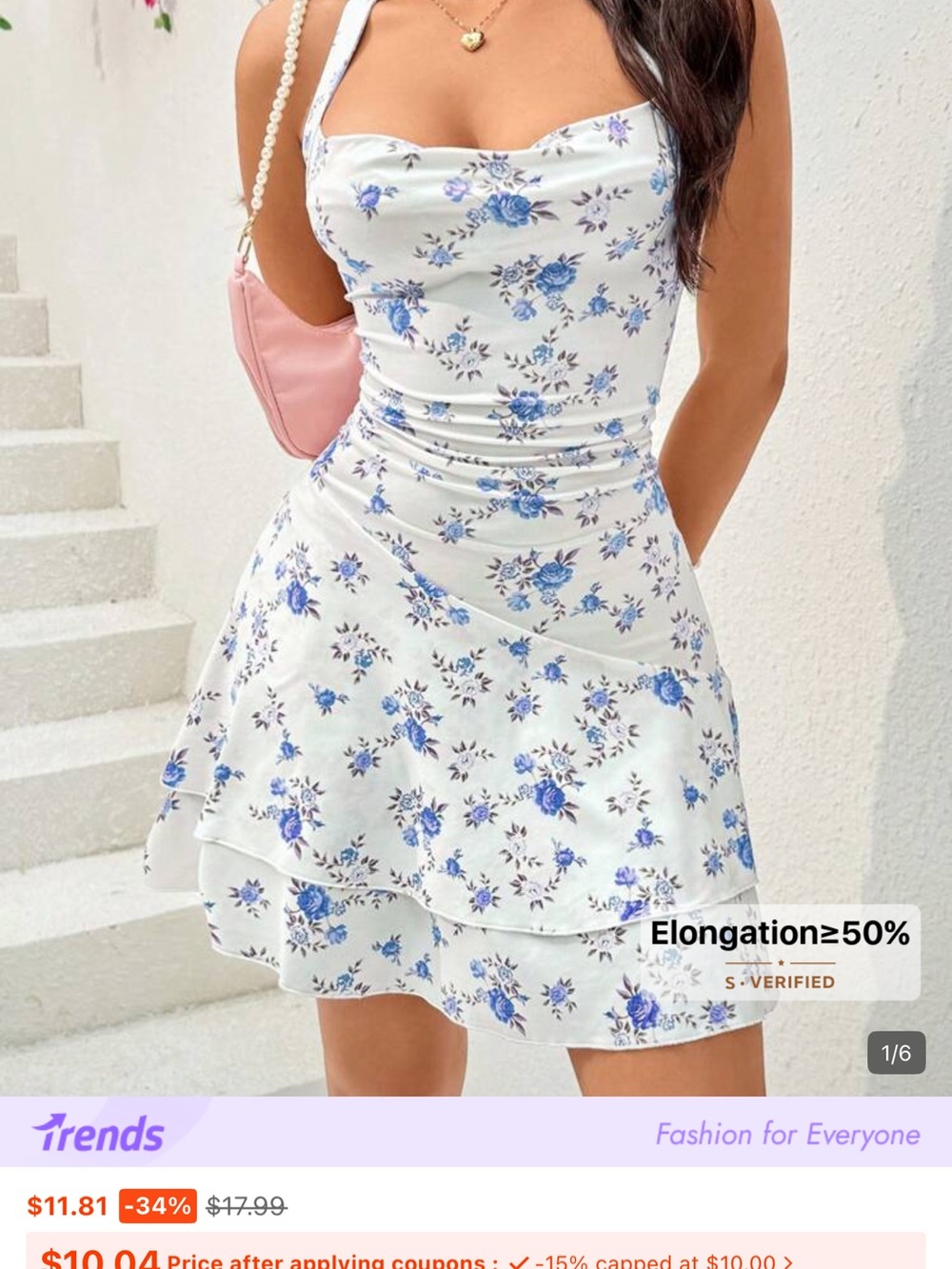 SHEIN White Floral Cowl Neck Mini Dress with Blue Roses